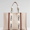 "WOODY" medium tote bag made of cotton canvas and shiny calfskin with "WOODY" ribbon